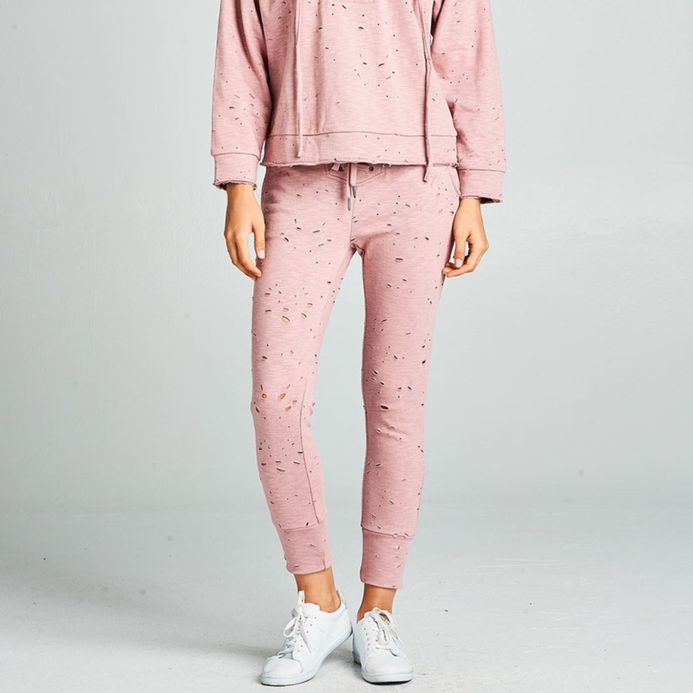 Distressed Drawstring Jogger Pants - Dusty Pink